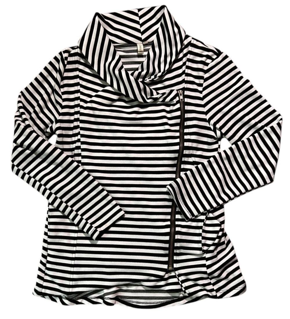 My Beloved Cowl Neck Asymmetric Zip White & Black Striped Top Medium